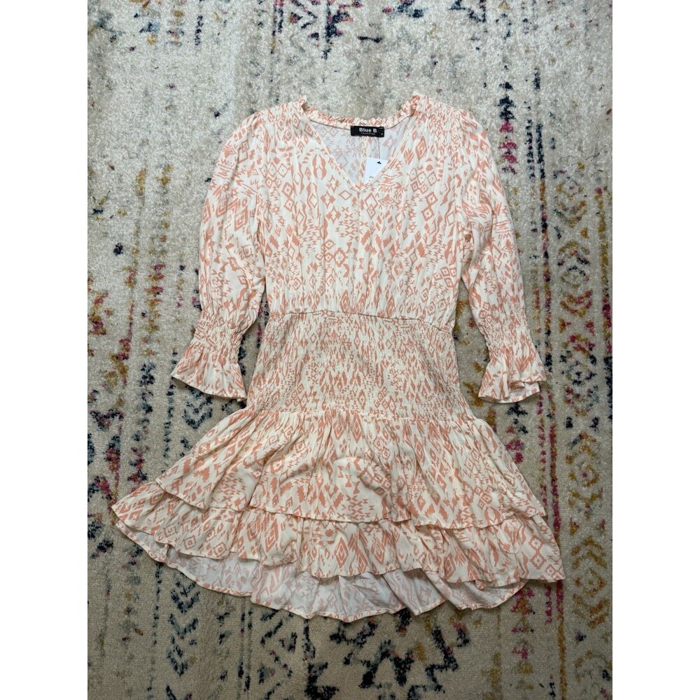 Blue B Coral/White Geometric Mini Dress Smocked Ruffle V-Neck Medium